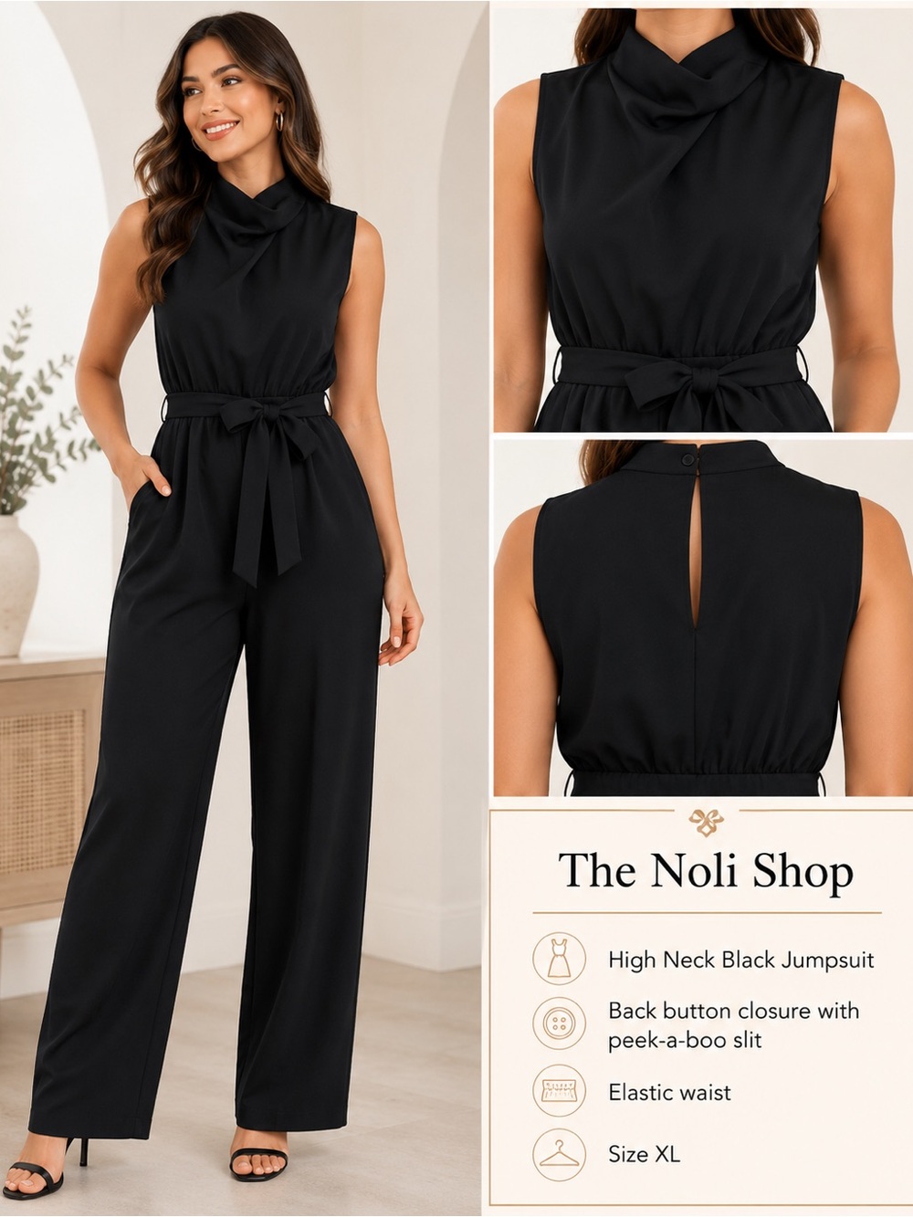 Noli Black High Neck Sleeveless Jumpsuit with Tie Waist